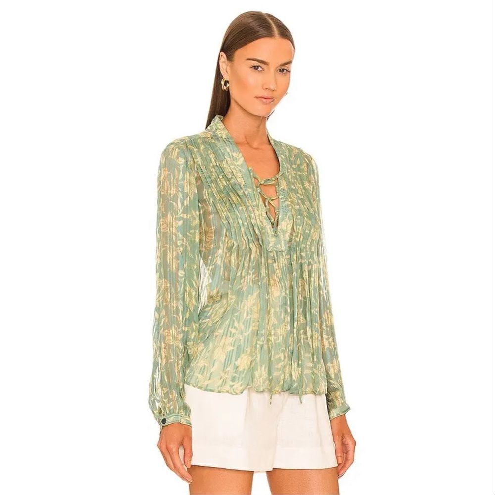 Rag & Bone Sachi Pleated Floral Print Sheer Blouse Sage Green Small